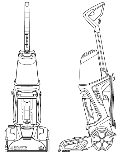 Bissell Proheat 2x Revolution front and side layout diagrams