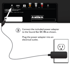 Plugging in the power adapter to the rear of the soundbar