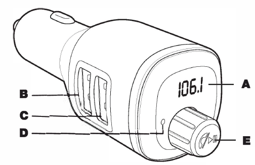 Scosche BTFREQ Bluetooth FM Transmitter front view with illustrated buttons and display