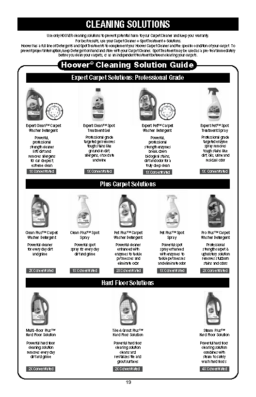 List of appropriate cleaning solutions to use in the device