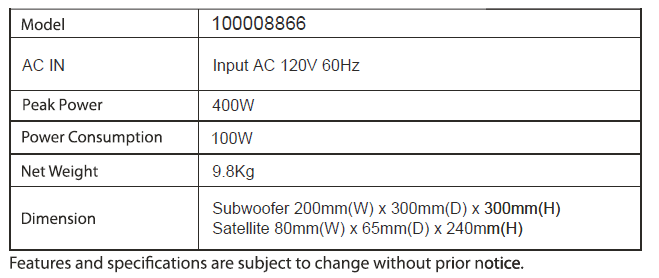 Onn Soundbar specifications table