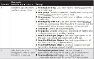 Settings table 1