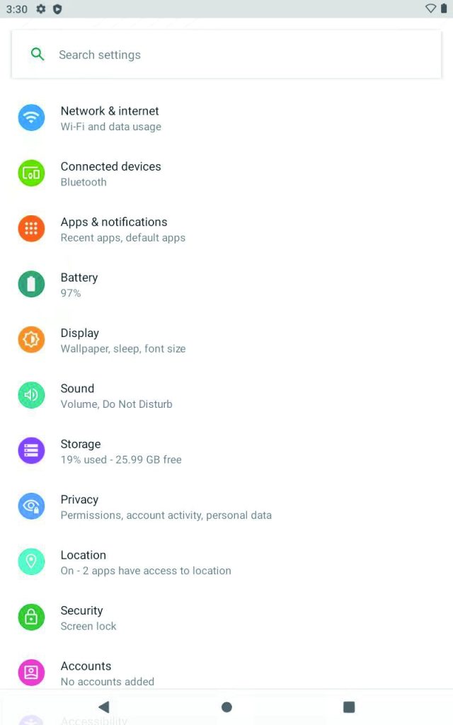 Settings home screen
