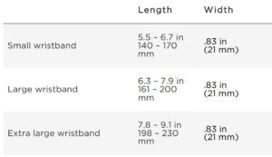 Size measurements table