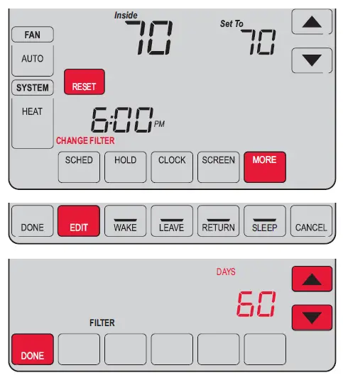 Menu options to set filter reminder intervals