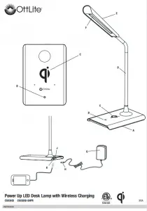 OttLite Power Up LED Desk Lamp with Wireless Charger CS030QI/ CS030QI-SHPR Manual Image